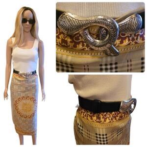 Chico’s Black Leather Slide-Adjustable Belt with Silver Snake Knot Buckle 25-41"